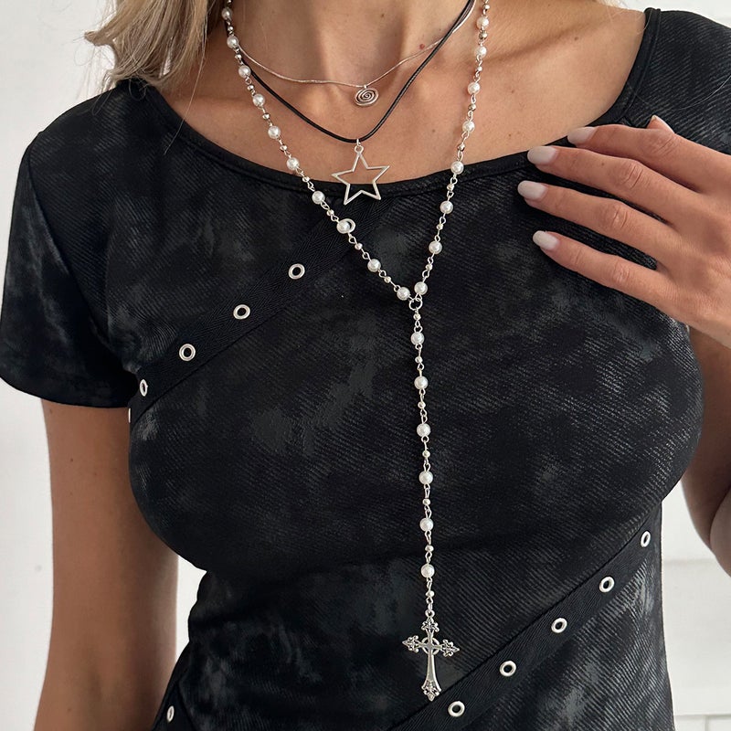SHIXIN European and American Cross-Border Accessories: Sweet, Cool, and Bold Star-Shaped Rhinestone Pendant Necklace - Simple Cross and Y-Shaped Clavicle Chain - Image 3