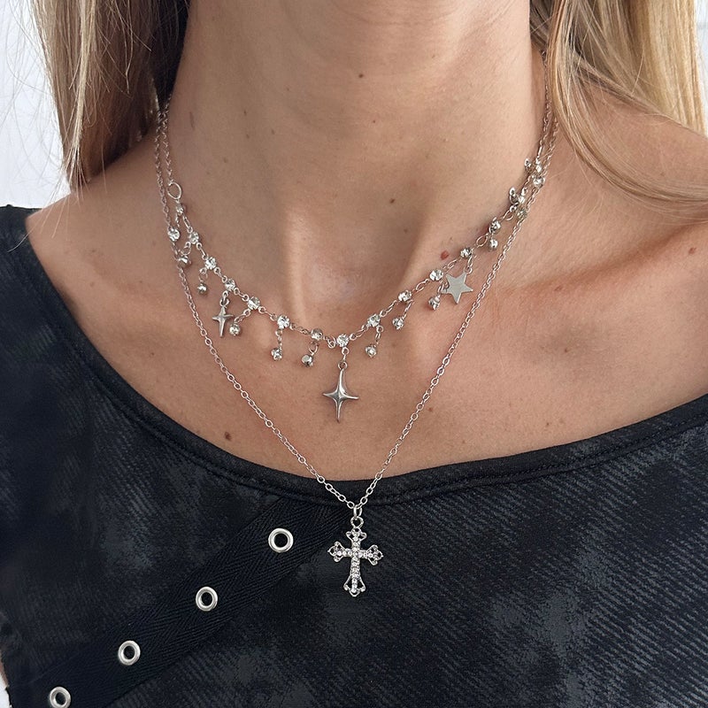 SHIXIN European and American Cross-Border Accessories: Sweet, Cool, and Bold Star-Shaped Rhinestone Pendant Necklace - Simple Cross and Y-Shaped Clavicle Chain - Image 2