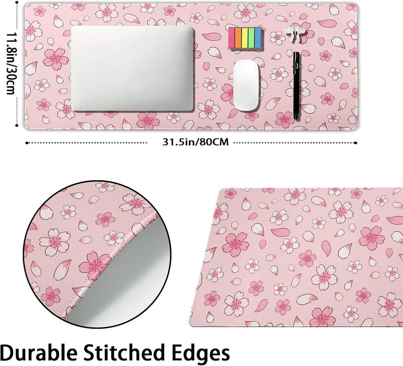aportt Pink Cherry Blossom Gaming Mouse Pad XL Cute Anime Aesthetics Floral Extended Kawaii Flowers Large Mousepad Non-Slip Rubber Base Stitched Edge Long Keyboard Desk Mat for Computer,31.5×11.8 Inch - Image 2