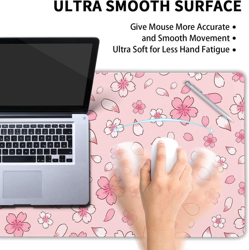 aportt Pink Cherry Blossom Gaming Mouse Pad XL Cute Anime Aesthetics Floral Extended Kawaii Flowers Large Mousepad Non-Slip Rubber Base Stitched Edge Long Keyboard Desk Mat for Computer,31.5×11.8 Inch - Image 4