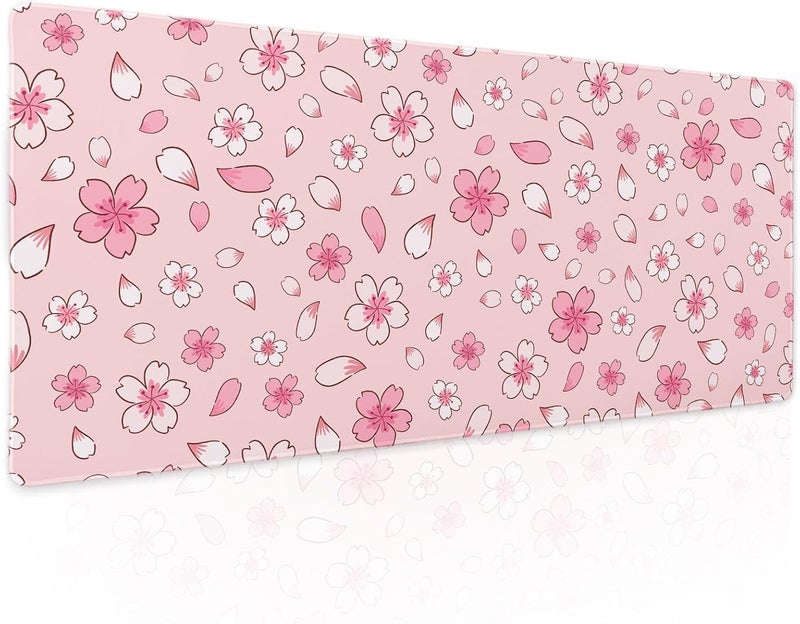 aportt Pink Cherry Blossom Gaming Mouse Pad XL Cute Anime Aesthetics Floral Extended Kawaii Flowers Large Mousepad Non-Slip Rubber Base Stitched Edge Long Keyboard Desk Mat for Computer,31.5×11.8 Inch - Image 1