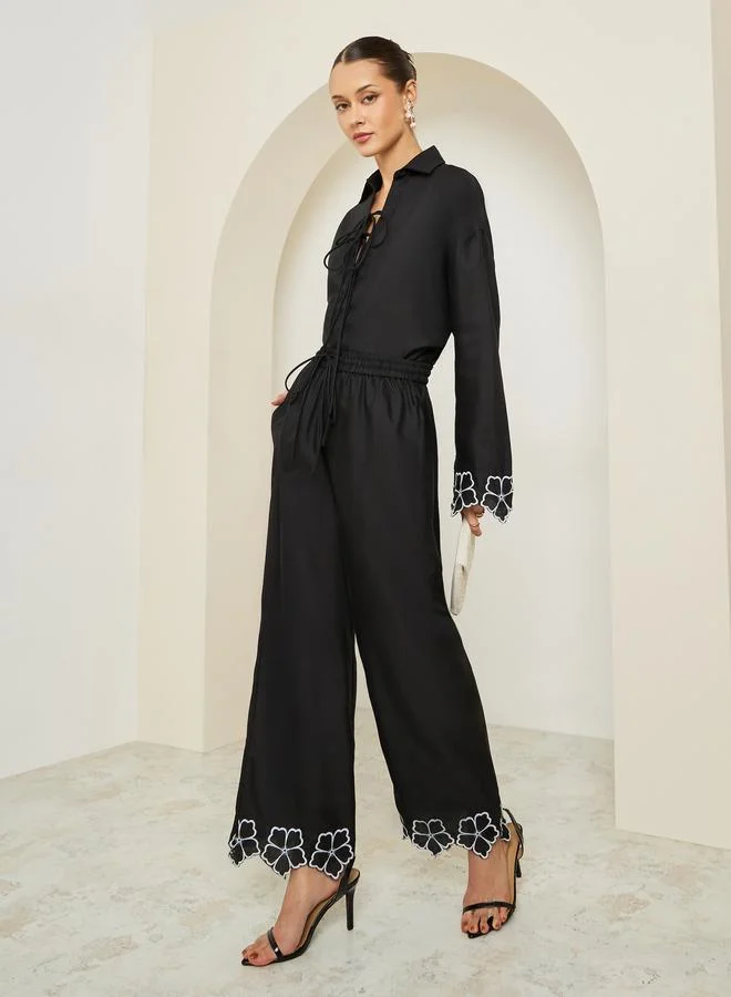Women Black Embroidered Wide Leg Trousers