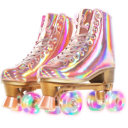 JajaHoho Roller Skates for Women, Holographic High Top Classic Rollerskates, Rosegold Shiny Double-Row Four Pink Glitter Wheels Quad Skates Girls Indoor Outdoor (Rose Gold, Size 4) - Image 1