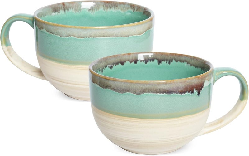 Bosmarlin Ceramic Jumbo Coffee Mug Set of 2 23 Oz Large Mug Soup Bowls with Handles Dishwasher and Microwave Safe Green - Image 1