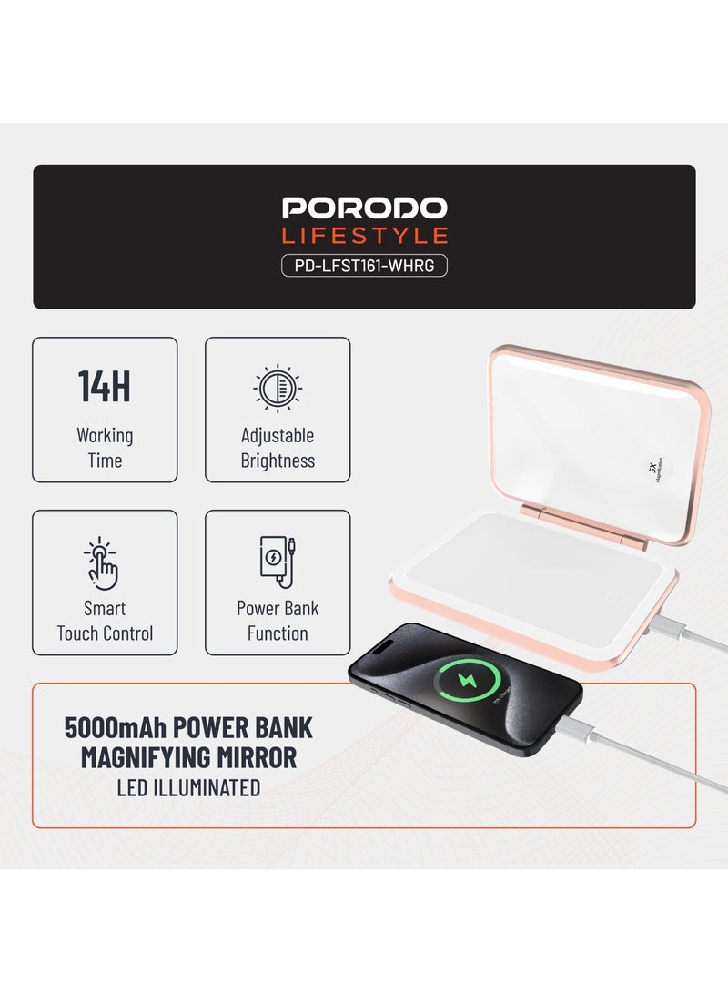 porodo LED Magnifying Mirror with 5000mAh Power Bank / Dual-Sided Mirror / Perfect for Makeup, Skincare, Tweezing, and Quick Charging Portable USB Makeup Mirror with 3X Zoom & Touch Light - White Rose Gold  - Image 2
