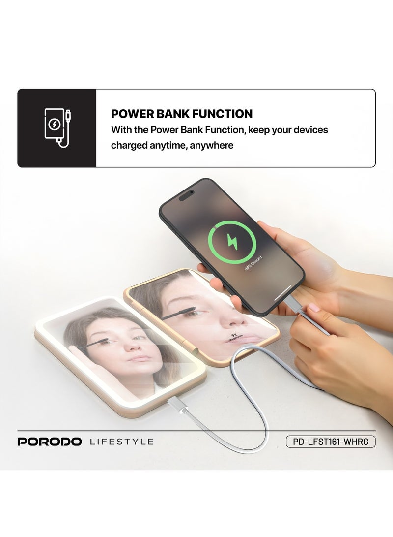 porodo LED Magnifying Mirror with 5000mAh Power Bank / Dual-Sided Mirror / Perfect for Makeup, Skincare, Tweezing, and Quick Charging Portable USB Makeup Mirror with 3X Zoom & Touch Light - White Rose Gold  - Image 3