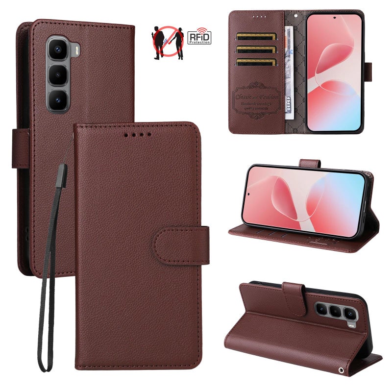 إيروريكس جراب هاتف جلدي لهاتف Infinix Hot 60 Pro+ 4G من نسيج الليتشي مزود بخاصية حجب RFID مزود بثلاث بطاقات (بني) - Image 1