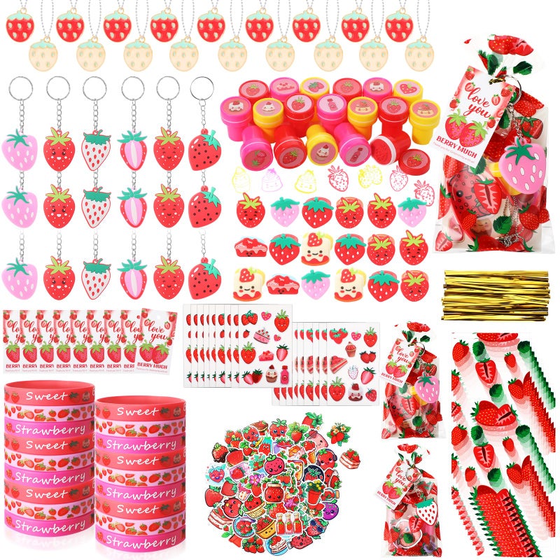 Landical 194 Pcs Sweet Strawberry Party Favors Includes Pendant Keychain Silicone Ring Bracelet Stickers Party Tags Organza Bag Stampers for Baby Shower Birthday Party Class Reward - Image 2