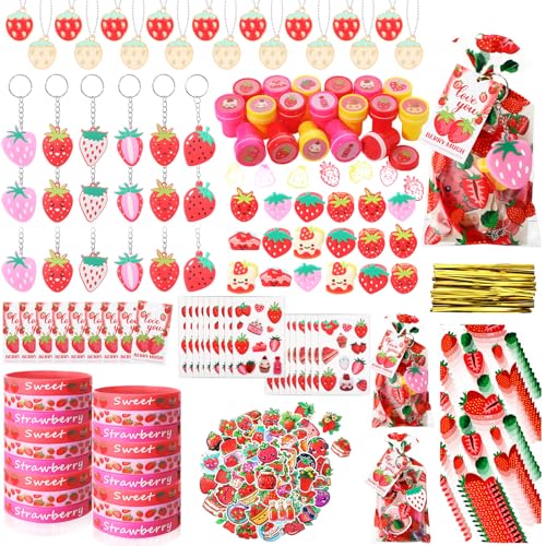 Landical 194 Pcs Sweet Strawberry Party Favors Includes Pendant Keychain Silicone Ring Bracelet Stickers Party Tags Organza Bag Stampers for Baby Shower Birthday Party Class Reward - Image 1