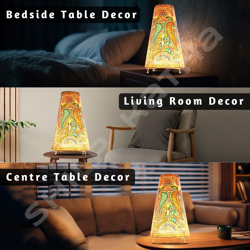 SHILP KATHA Handicraft Leather Table Lamp for Home Decoration | Handmade Side Table Lamp Shade for Bedroom Decor | Decorative festival gift for Living Room, Desk, Spiritual Décor | Peacock Couple - Image 2