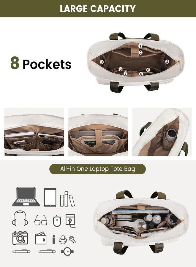 لوف فوك حقيبة لابتوب LOVEVOOK للنساء مقاس 15.6 بوصة من القماش، حقائب عمل كبيرة السعة، جيوب متعددة، حقيبة مدرسية، حقائب كمبيوتر مقاومة للماء، مناسبة للسفر والعمل والممرضات، لون أخضر وبيج - Image 4