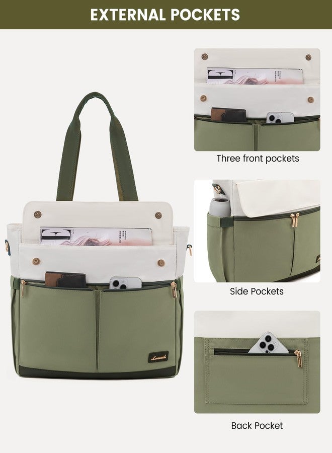 لوف فوك حقيبة لابتوب LOVEVOOK للنساء مقاس 15.6 بوصة من القماش، حقائب عمل كبيرة السعة، جيوب متعددة، حقيبة مدرسية، حقائب كمبيوتر مقاومة للماء، مناسبة للسفر والعمل والممرضات، لون أخضر وبيج - Image 5