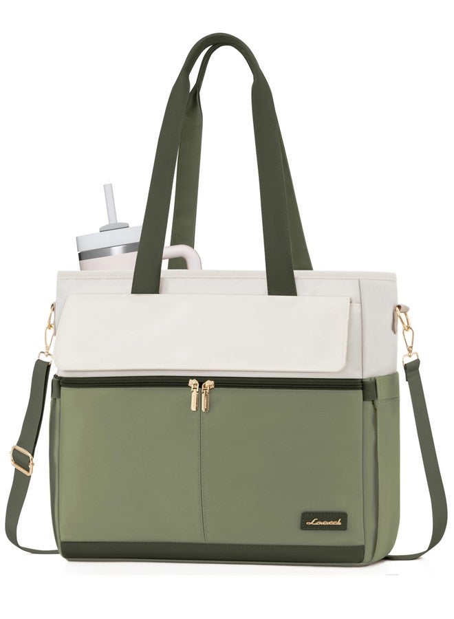 لوف فوك حقيبة لابتوب LOVEVOOK للنساء مقاس 15.6 بوصة من القماش، حقائب عمل كبيرة السعة، جيوب متعددة، حقيبة مدرسية، حقائب كمبيوتر مقاومة للماء، مناسبة للسفر والعمل والممرضات، لون أخضر وبيج - Image 1