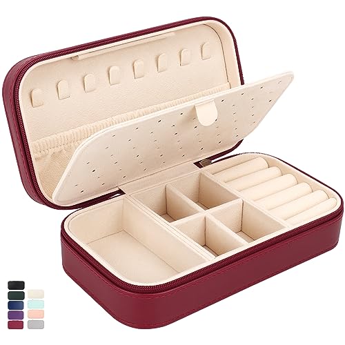 DesignSter Travel Jewelry Box, PU Leather Portable Jewelry Case, Small Jewelry Boxes for Gifts, Travel Jewelry Organizer for Women Rings Earrings Necklaces Bracelets (Wine Red) - Image 1