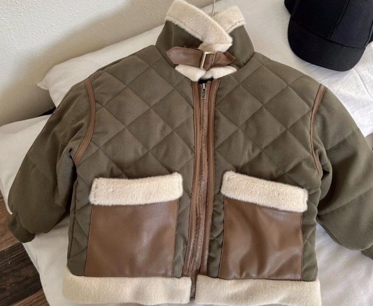 Kids Winter Cotton Padded Jacket Warmth Green leather cotton jacket 