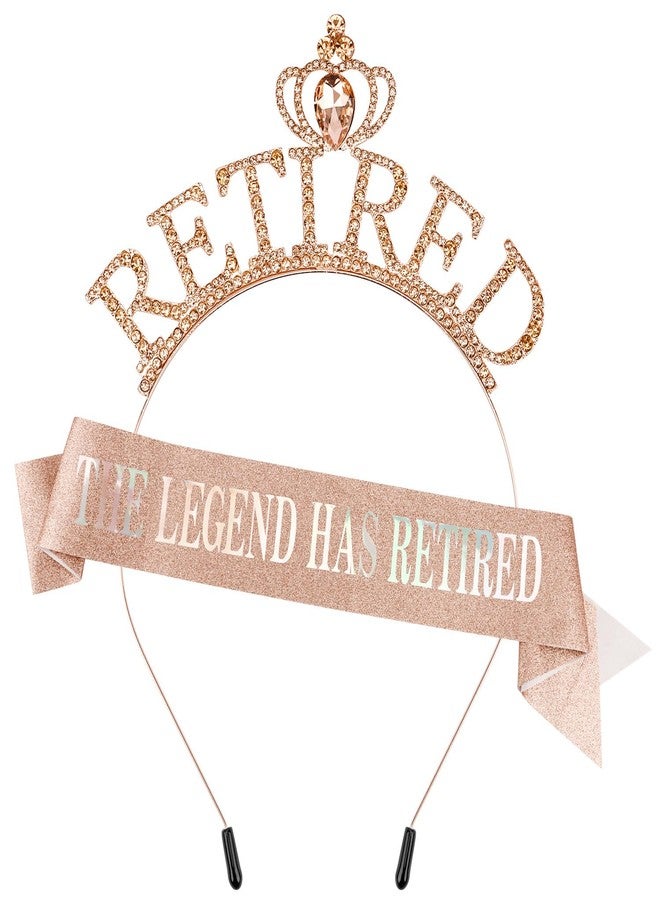 SuPoo Rose Gold Retirement Sash for Women Rhinestone Retired Crown Headband Tiara Retirement Gifts The Legend Has Retired Sash Crown Elegant Retirement Party Decorations Retired Decor - Image 1