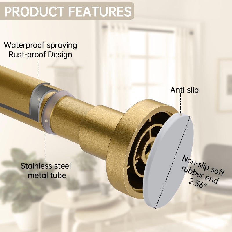 BRIOFOX Shower Curtain Rod Adjustable 18-78 Inch, Stainless Steel Spring Tension Shower Rod No Drilling Non Slip, Sunset Gold - Image 2
