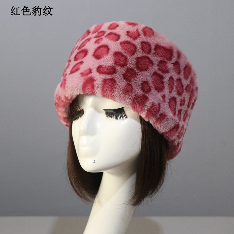 Autumn Winter Faux Rabbit Fur Hat for Adults Red leopard print short fur flat hat