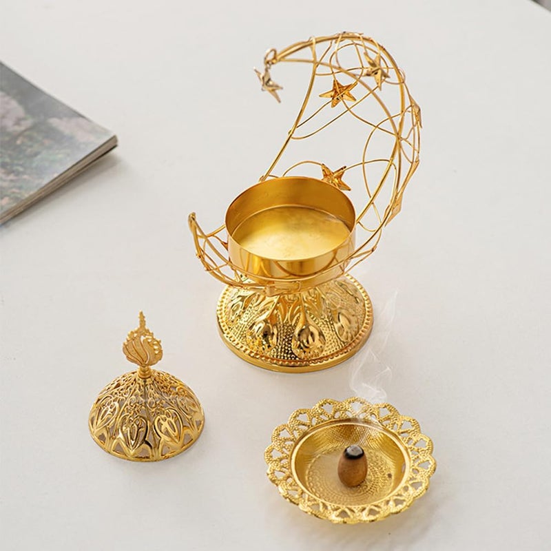 مارسك مبخرة زخرفية ذهبية، تصميم هلال مع نجوم، سبيكة زنك مع حديد، ارتفاع 7.5 بوصة وعرض 5.5 بوصة، طراز عربي - Image 4