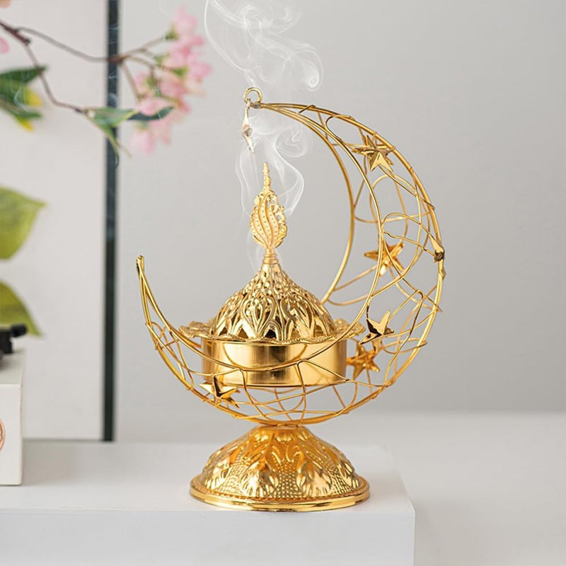 مارسك مبخرة زخرفية ذهبية، تصميم هلال مع نجوم، سبيكة زنك مع حديد، ارتفاع 7.5 بوصة وعرض 5.5 بوصة، طراز عربي - Image 3