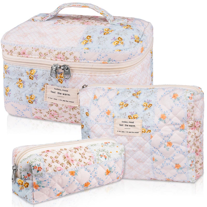 Gosect Makeup Bag Set, Quilted Makeup Bags, Large Floral Cosmetic Bag for Women, Cute Cotton Makeup Bags, Flower Travel Toiletry Organizer Bag (Folk Style) - Image 1