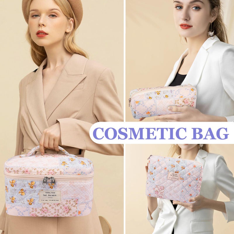 Gosect Makeup Bag Set, Quilted Makeup Bags, Large Floral Cosmetic Bag for Women, Cute Cotton Makeup Bags, Flower Travel Toiletry Organizer Bag (Folk Style) - Image 4
