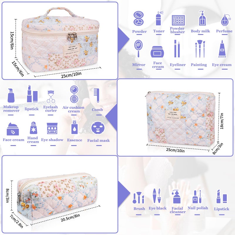 Gosect Makeup Bag Set, Quilted Makeup Bags, Large Floral Cosmetic Bag for Women, Cute Cotton Makeup Bags, Flower Travel Toiletry Organizer Bag (Folk Style) - Image 2