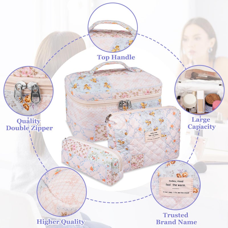 Gosect Makeup Bag Set, Quilted Makeup Bags, Large Floral Cosmetic Bag for Women, Cute Cotton Makeup Bags, Flower Travel Toiletry Organizer Bag (Folk Style) - Image 3