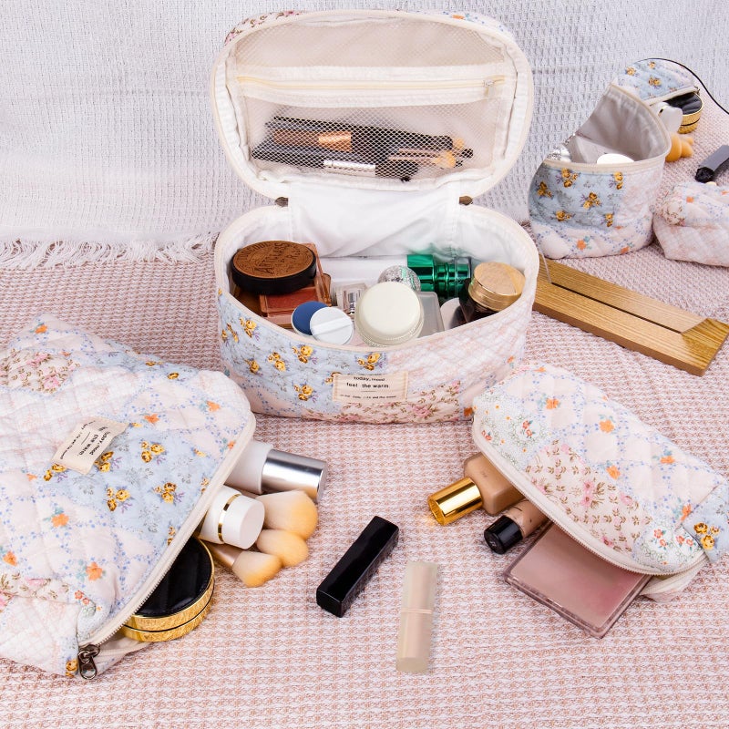 Gosect Makeup Bag Set, Quilted Makeup Bags, Large Floral Cosmetic Bag for Women, Cute Cotton Makeup Bags, Flower Travel Toiletry Organizer Bag (Folk Style) - Image 5