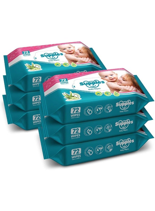 Supples Baby Wet Wipes with Aloe Vera and Vitamin E, 72 Pieces, White (Pack of 6) - Image 1