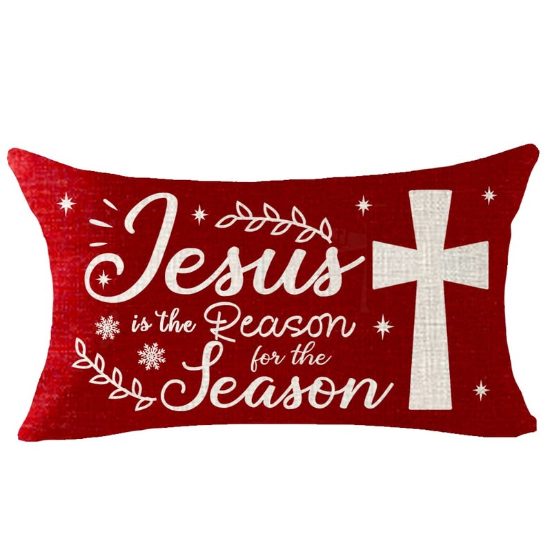 NIDITW Jesus is The Reason for The Season Cross Winter Blessed Cotton Linen Lumbar Decorative Throw Pillow Cover Cushion Case Waist for Farmhouse Sofa 12x20 Inches (Cross) - Image 2