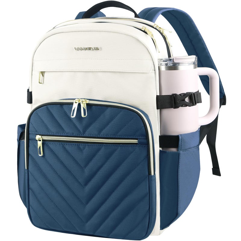 VANKEAN Laptop Backpack for Women with Pouch Pocket for Large Capacity Tumbler, 15.6 Inch Laptop Computer Bag Travel Backpack Purse,Waterproof Work Business College Teacher Bags, Beige-Haze blue - Image 1