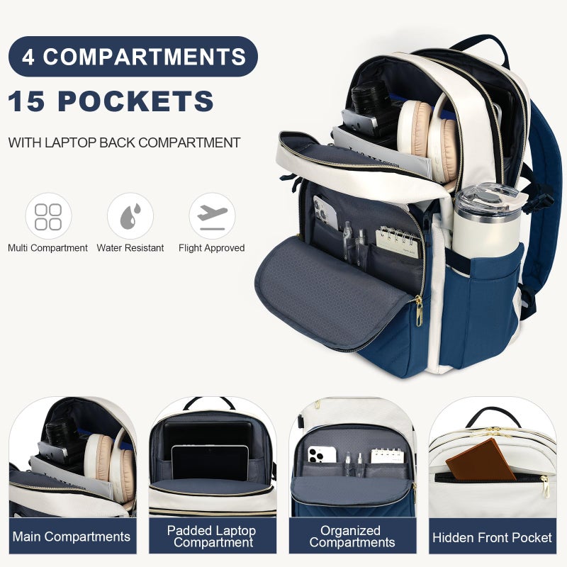 VANKEAN Laptop Backpack for Women with Pouch Pocket for Large Capacity Tumbler, 15.6 Inch Laptop Computer Bag Travel Backpack Purse,Waterproof Work Business College Teacher Bags, Beige-Haze blue - Image 3