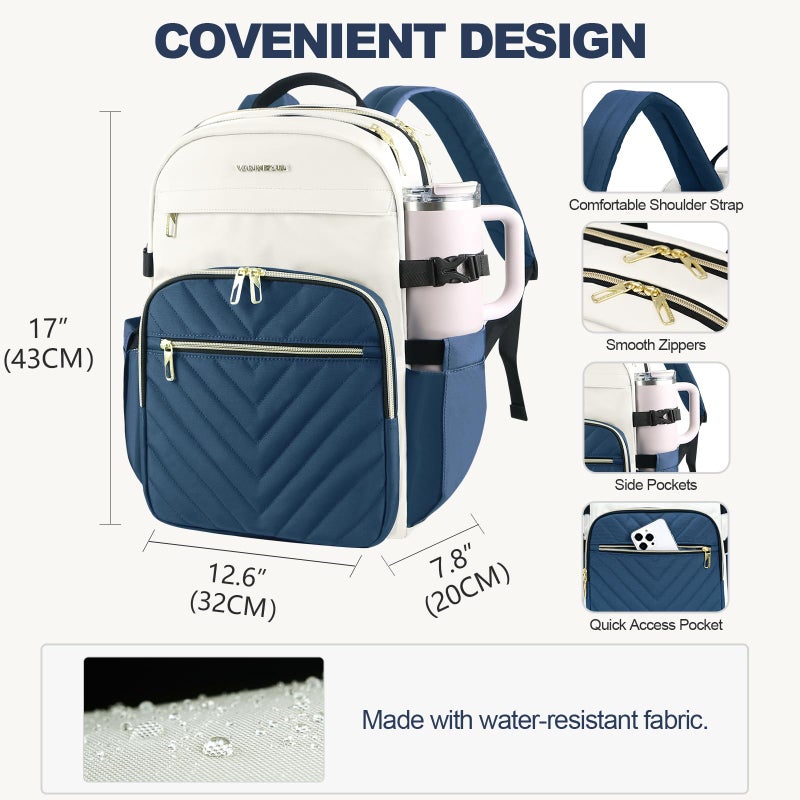 VANKEAN Laptop Backpack for Women with Pouch Pocket for Large Capacity Tumbler, 15.6 Inch Laptop Computer Bag Travel Backpack Purse,Waterproof Work Business College Teacher Bags, Beige-Haze blue - Image 4