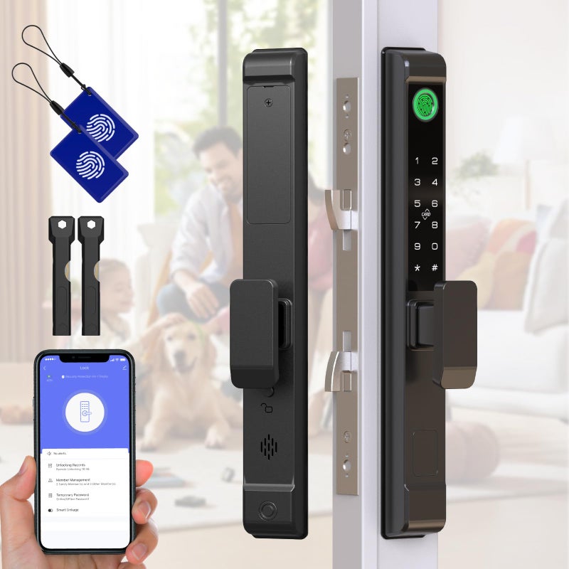 Pothunder Sliding Door Smart Lock, Sliding Glass Door Lock with Fingerprint, Smart Mortise Lock with APP IC Card Code Keys, Patio Door Double Hook 2885 Mortise Lock Set with Handle - Image 1