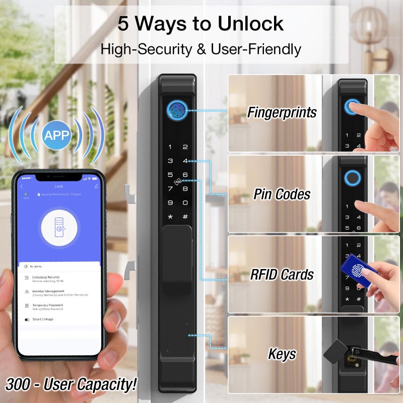 Pothunder Sliding Door Smart Lock, Sliding Glass Door Lock with Fingerprint, Smart Mortise Lock with APP IC Card Code Keys, Patio Door Double Hook 2885 Mortise Lock Set with Handle - Image 2