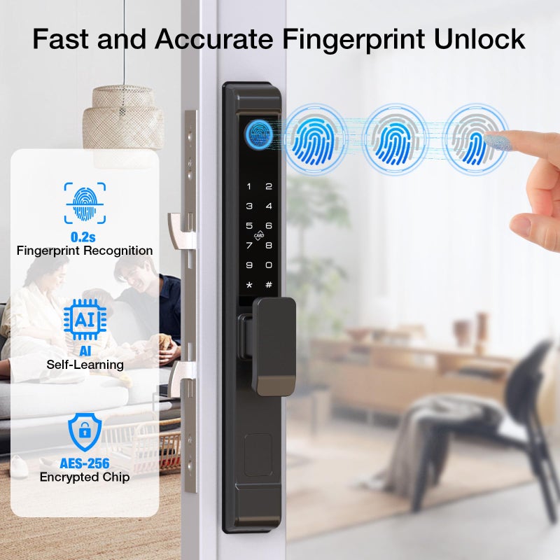 Pothunder Sliding Door Smart Lock, Sliding Glass Door Lock with Fingerprint, Smart Mortise Lock with APP IC Card Code Keys, Patio Door Double Hook 2885 Mortise Lock Set with Handle - Image 3