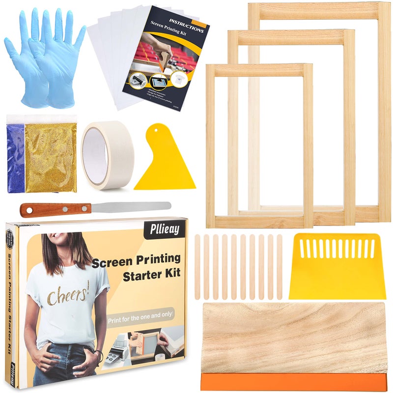 Pllieay 26Pcs Screen Printing Starter kit, 3 Different Size Wood Silk Screen Printing Frames with 110 Mesh, Screen Printing Squeegees, Inkjet Transparency Film, Ink Knife, Mask Tape, Fine Glitter - Image 1