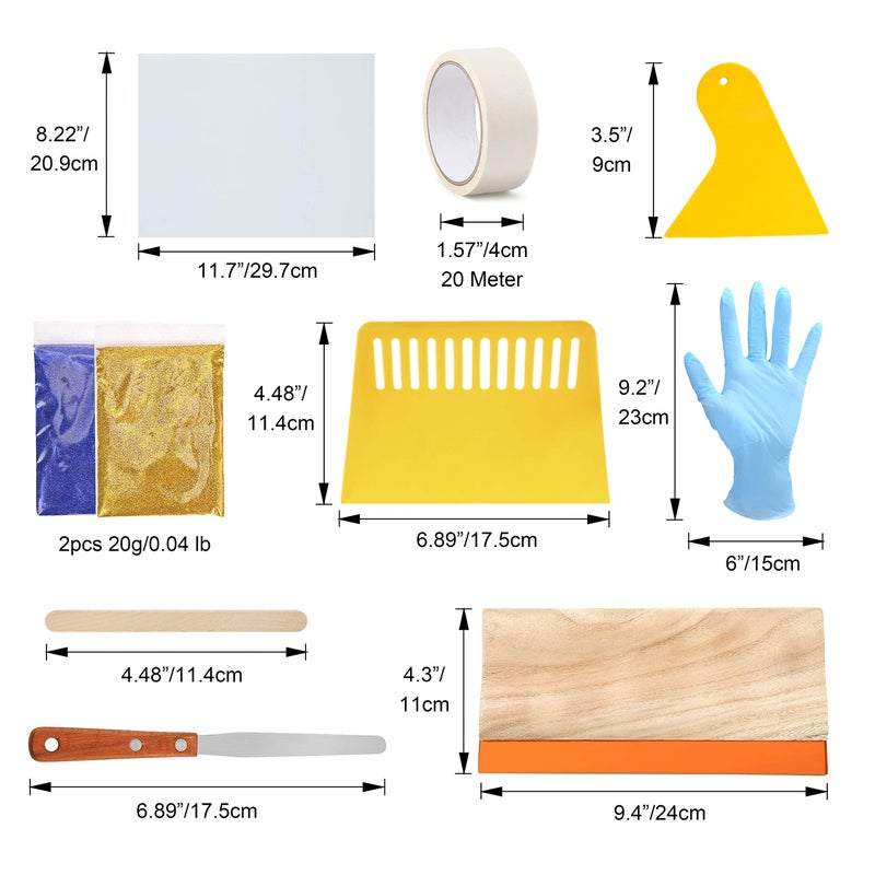 Pllieay 26Pcs Screen Printing Starter kit, 3 Different Size Wood Silk Screen Printing Frames with 110 Mesh, Screen Printing Squeegees, Inkjet Transparency Film, Ink Knife, Mask Tape, Fine Glitter - Image 3