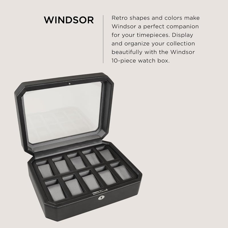 Wolf Designs Windsor 10-Piece Watch Box with Locking Glass Cover - Black/Grey - Image 2