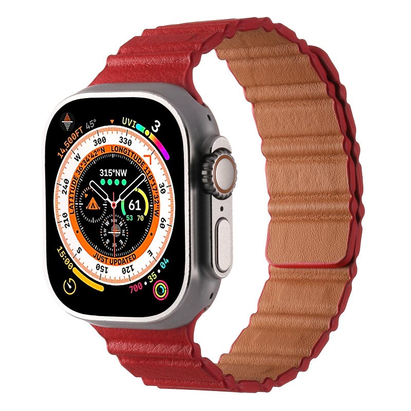 For Apple Watch 46mm / 49mm / 45mm / 44mm Magnetic PU Leather Watch Band(Red)