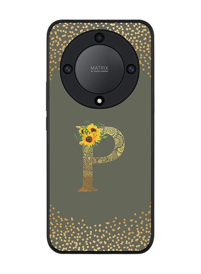 Stylizedd Rugged Black edge case for Honor X9a 5G Slim fit Soft Case Flexible Rubber Edges Anti Drop TPU Gel Thin Cover -  Custom Monogram Initial Letter Floral Pattern Alphabet - P  (Olive Green ) - Image 1