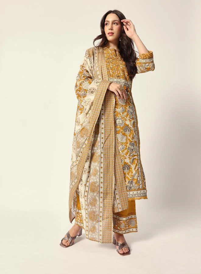 آي شين طقم كورتا نسائي قطن أصفر بنقوش بارزة بقصة بالازو عادية