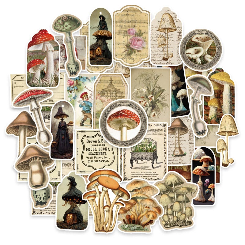 PRSTINCOL Vintage Mushroom Stickers 60 Pcs, Large Witchy Aesthetic Mushroom Decor for Adults Teens, Mushroom Decal for Scrapbook, Junk Journal, Bullet Journal, Card Making, DIY Crafts - Image 1