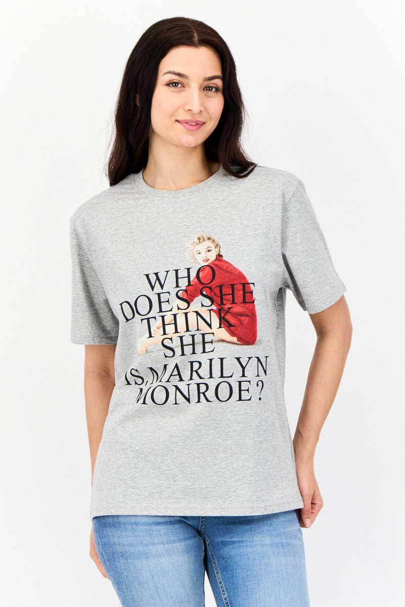 Marilyn Monroe Women Oversized Fit Crew Neck Graphic Print T-Shirt, Grey - Image 1