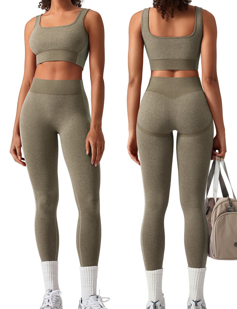 OLCHEE Womens Workout Sets 2 Piece Seamless Square Neck Sports Bra Padded Butt Lifting Leggings High Waist Yoga Gym Outfits - Olive Green Medium - Image 1