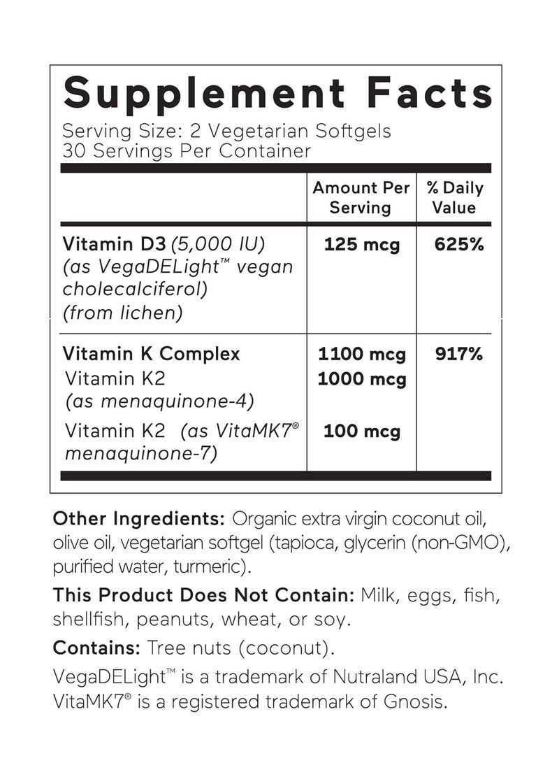 SMARTERNUTRITION Vitamin D3 with Vegan K2-5000 IU for Immune Support, Bone Health 60 Count - Image 2