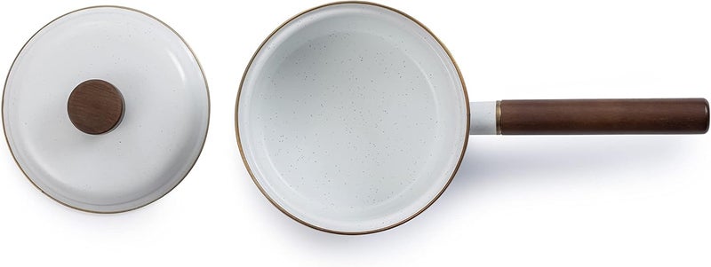 BareBones Enamel Saucepan in Eggshell with Walnut Handle - Image 2