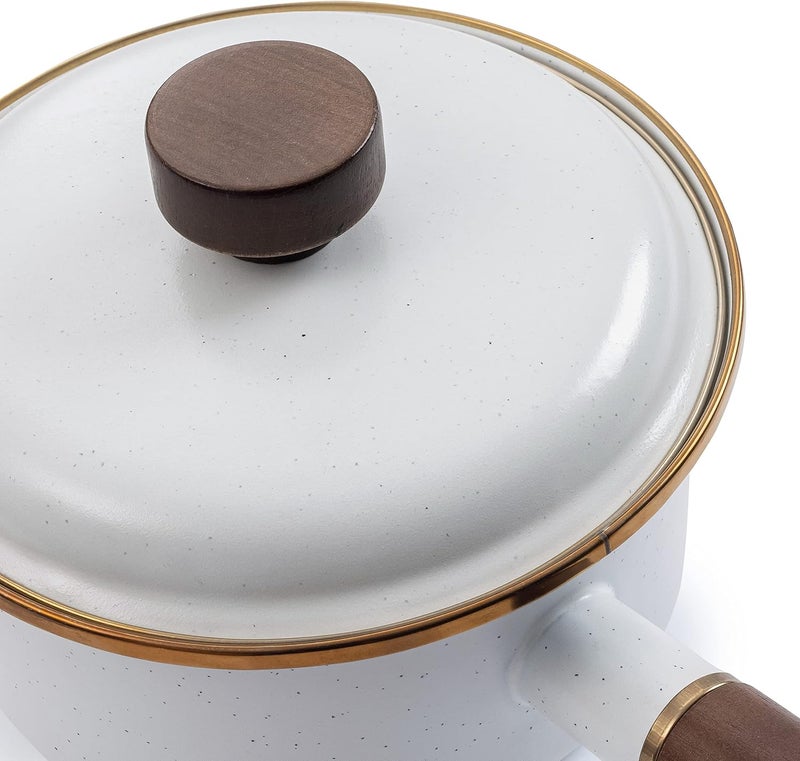 BareBones Enamel Saucepan in Eggshell with Walnut Handle - Image 3