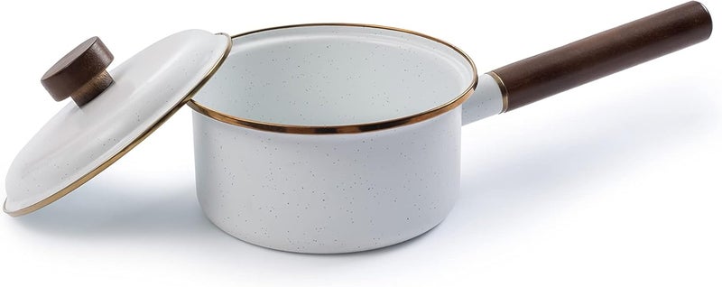 BareBones Enamel Saucepan in Eggshell with Walnut Handle - Image 1